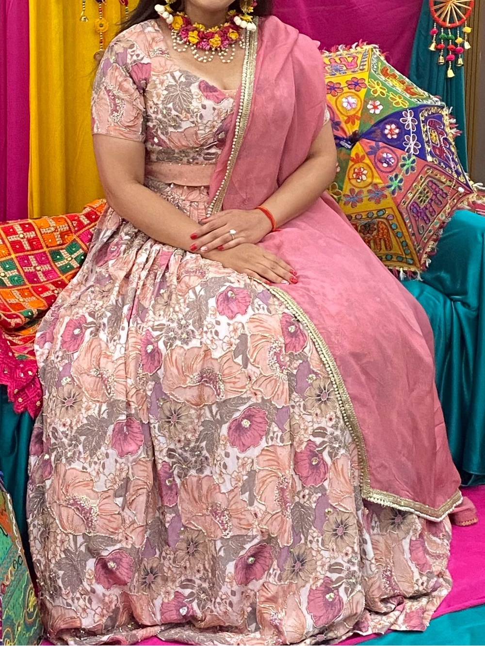 Floral Pink Circle 3 piece lehnga — Women's Pink floral dress